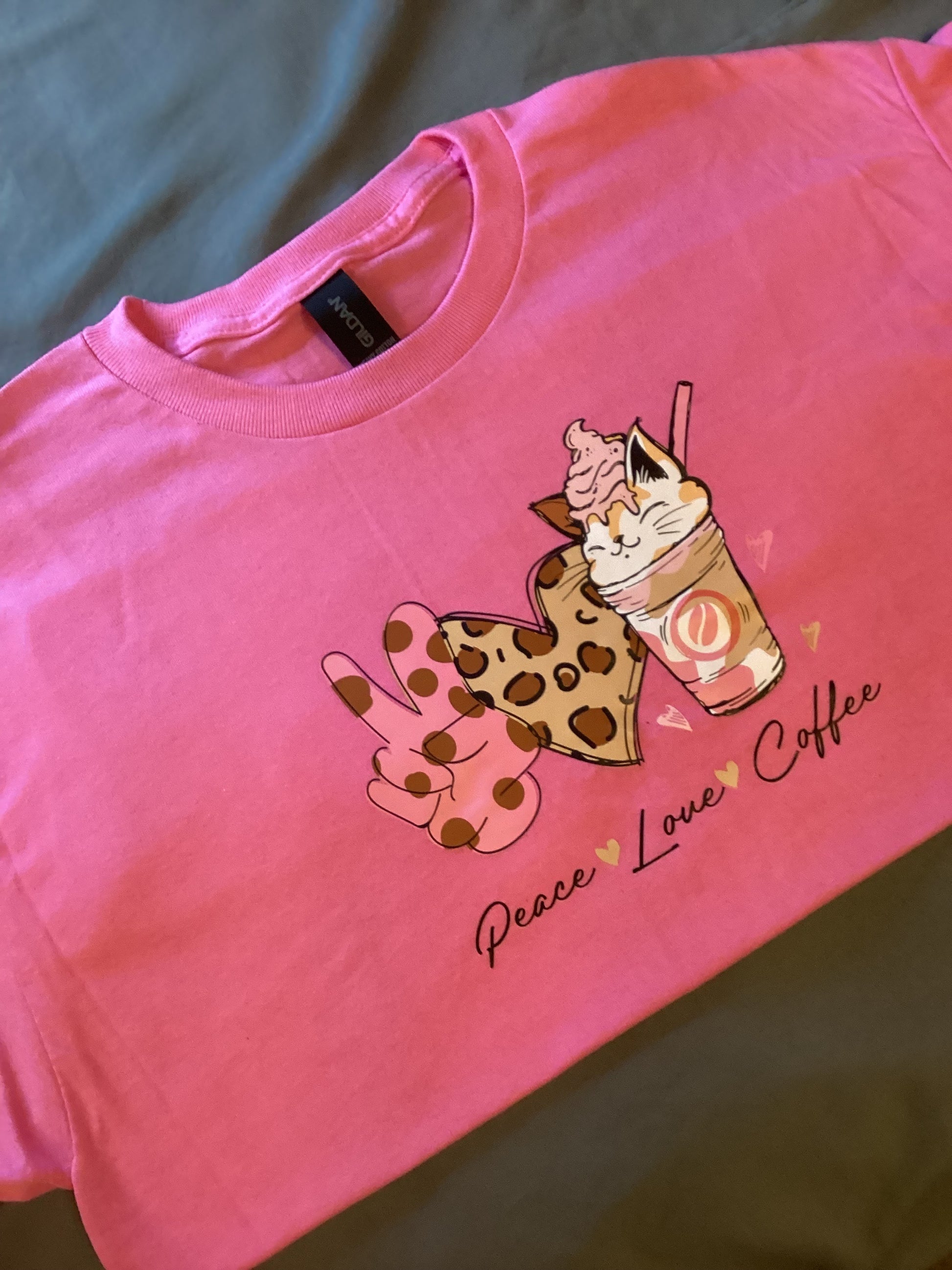Dark Pink Peace, Love and Coffee Size Med