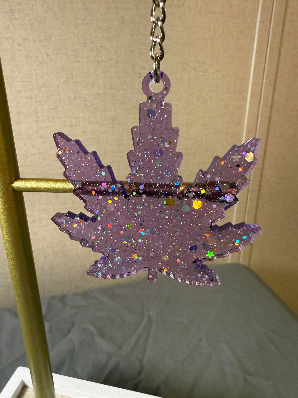 Purple Cannabis Leaf Keychain W/glitter