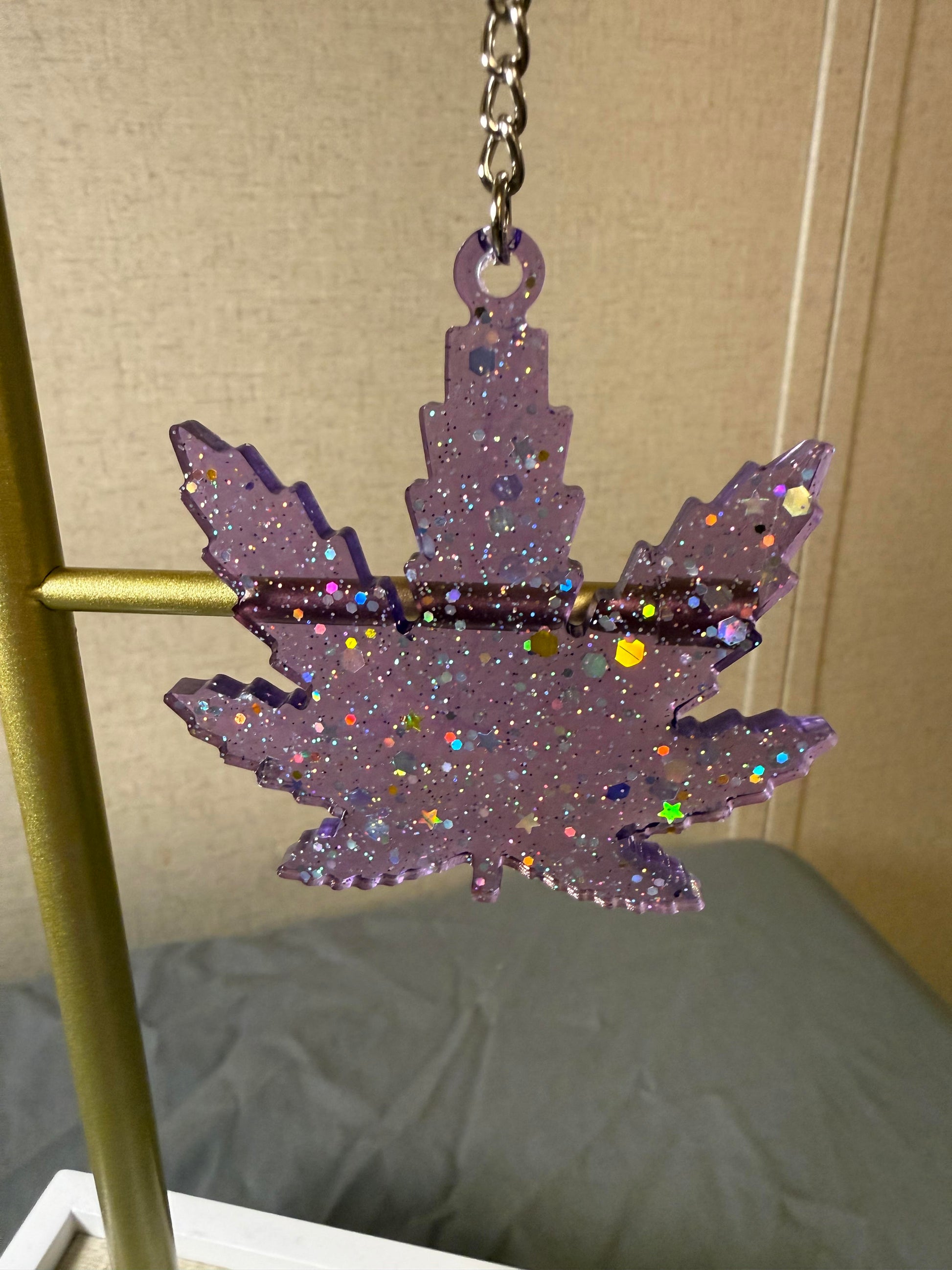 Purple Cannabis Leaf Keychain W/glitter