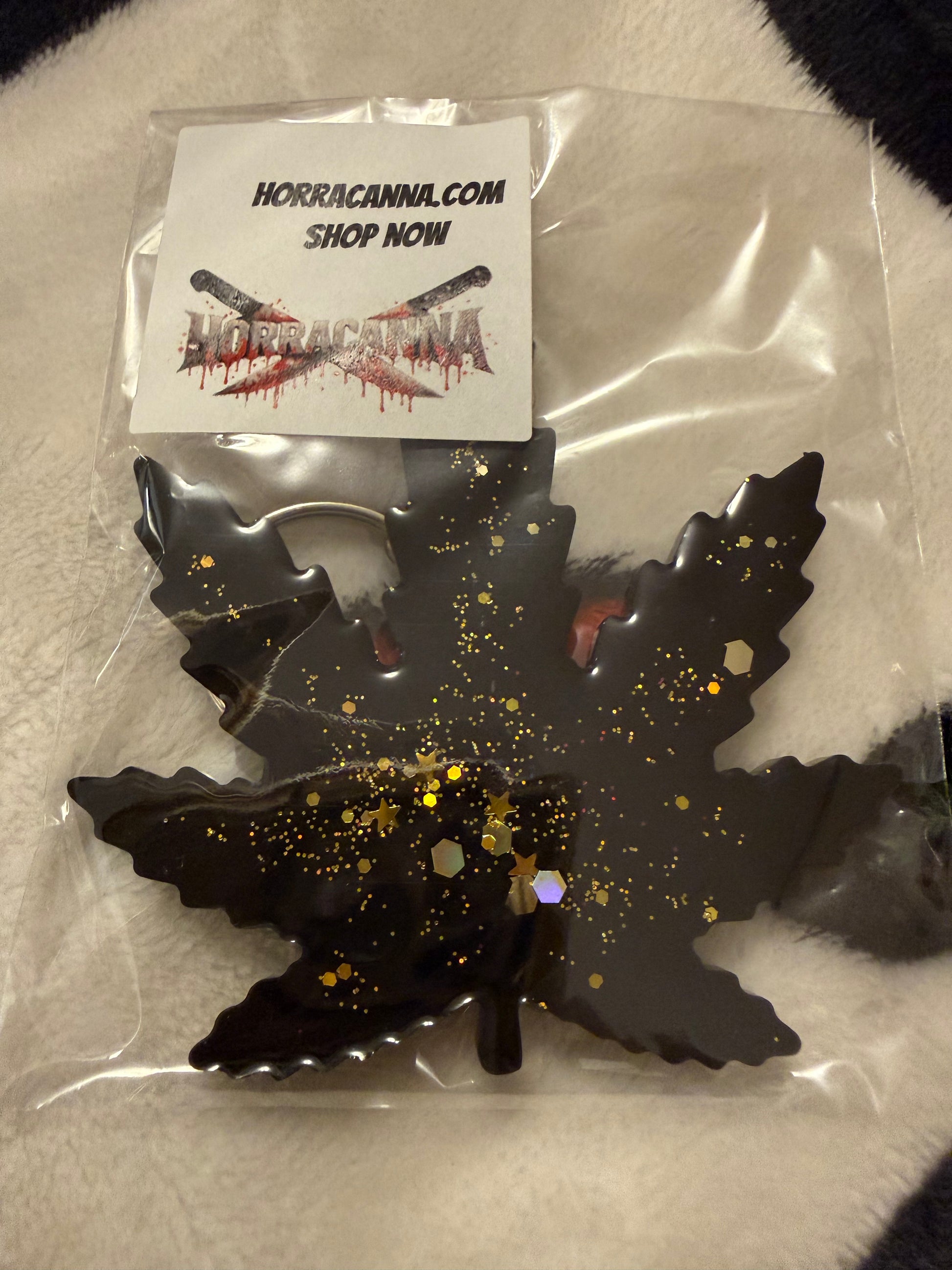 Black Cannabis Leaf Keychain W/glitter