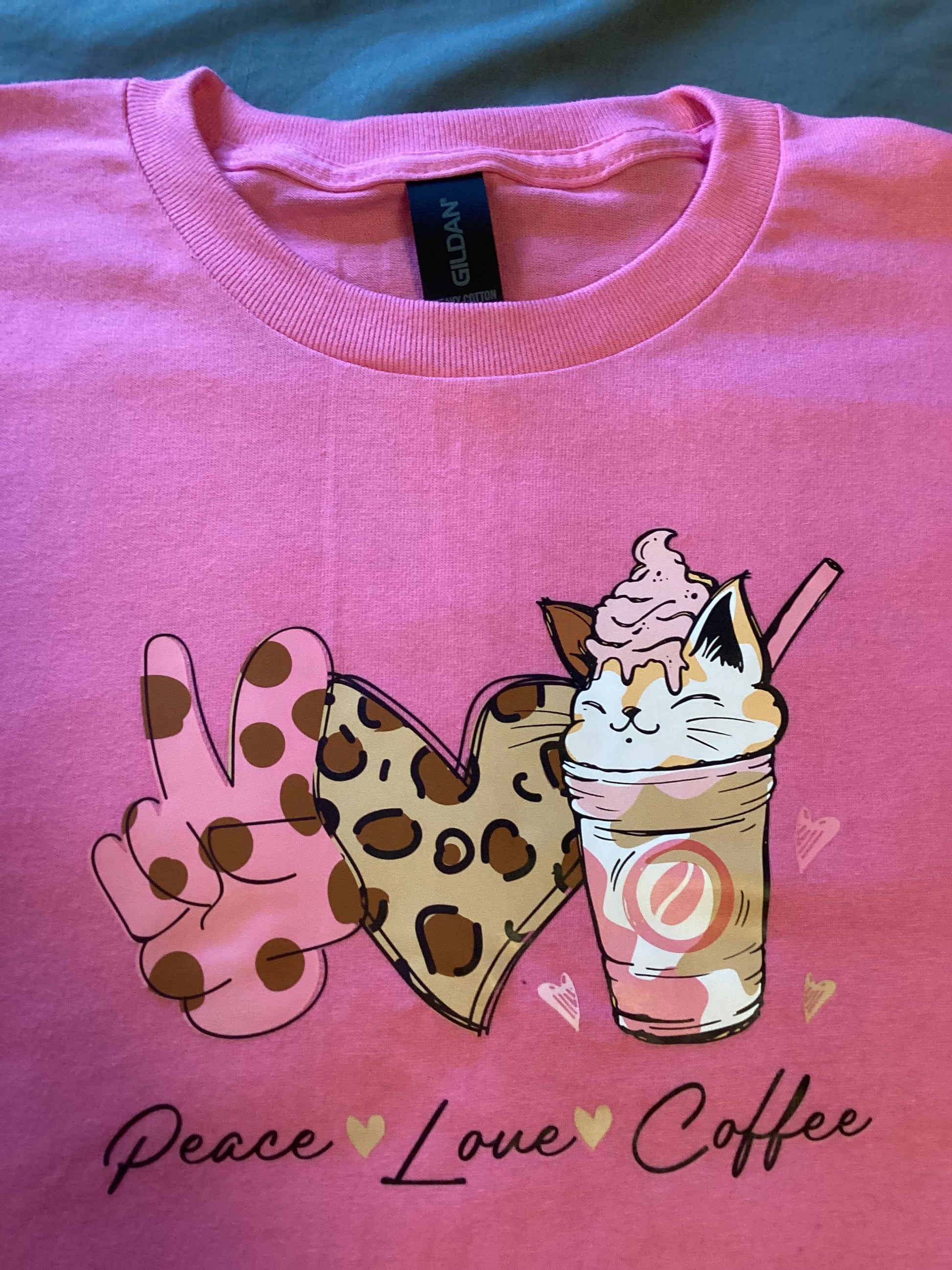 Dark Pink Peace, Love and Coffee Size Med