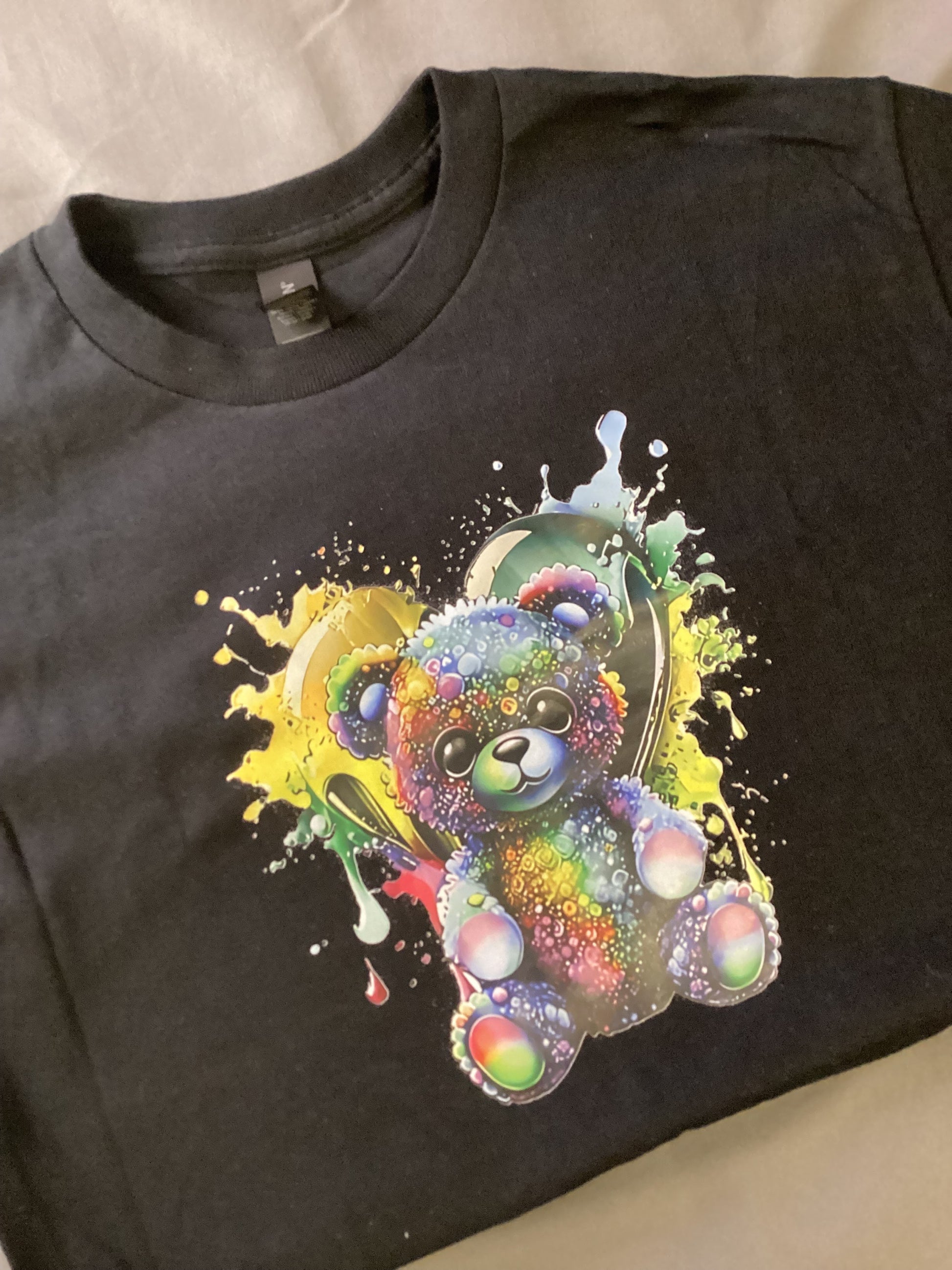 Black Teddy with Heart Blue/Yellow Size Small