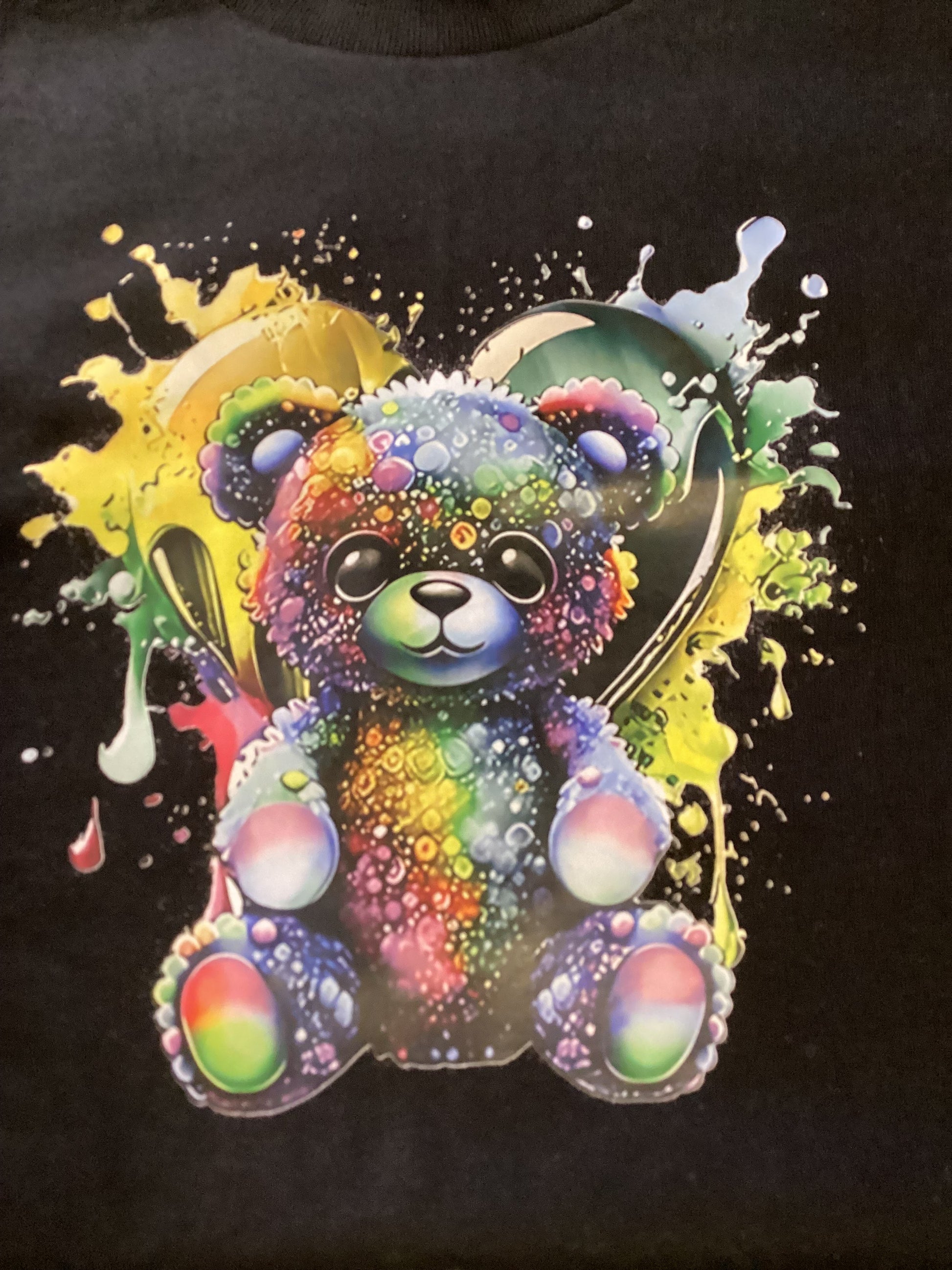 Black Teddy with Heart Blue/Yellow Size Small