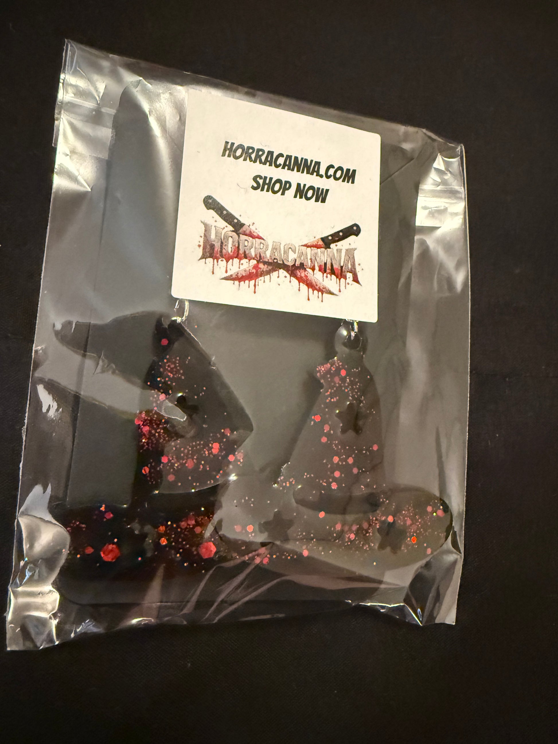 Black witch hat earrings W/glitter