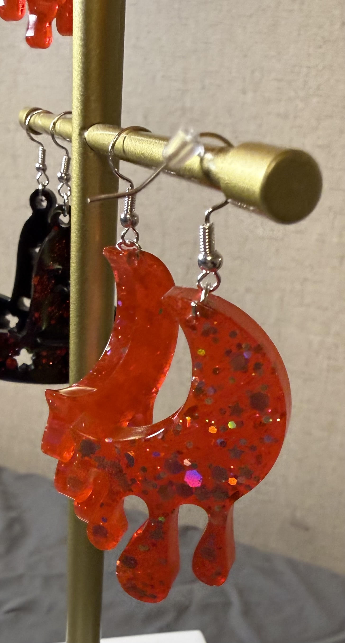 Red Melting Moon Earrings W/glitter